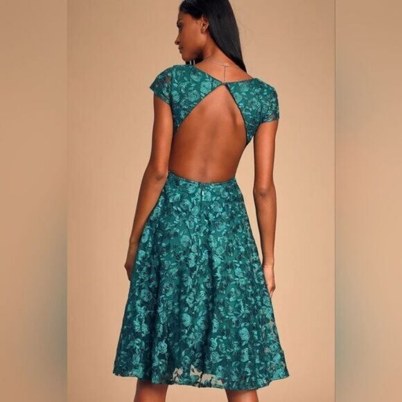 Lulu's Jacqueline Emerald Green Floral Embroidered Backless Flare‎ Midi Dress S - Picture 4 of 10